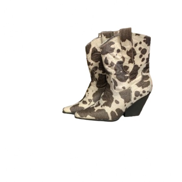 BOHO Faux fur cow print ankle cowboy boots - Picture 1 of 5